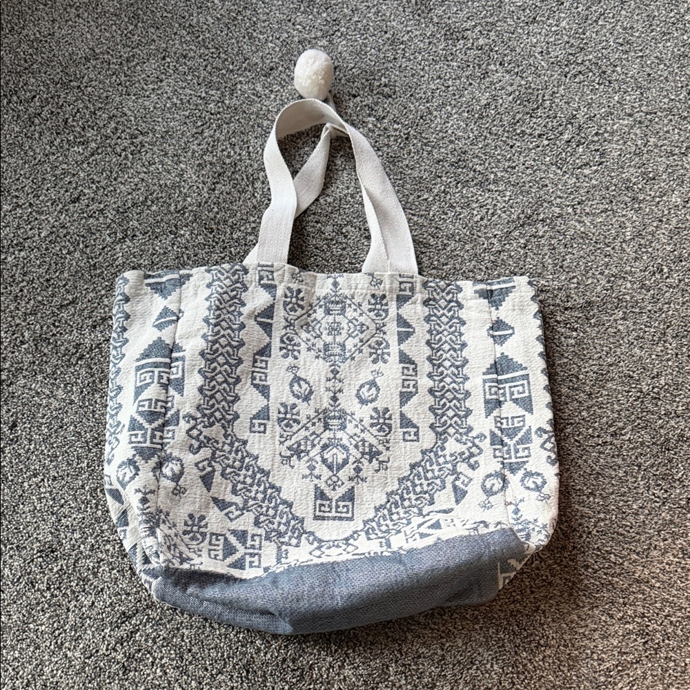 Neutral Gray/blue  Patterned Canvas Tote Bag